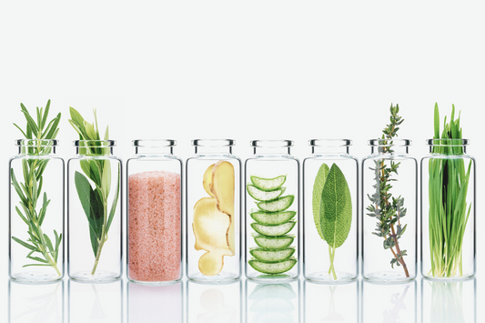 Glass jars filled with natural ingredients like rosemary, olive leaves, pink salt, ginger, aloe vera slices, sage, thyme, and grass, symbolizing organic and sustainable skincare