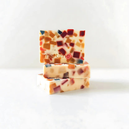 Luxury autumn soap bar in terrazzo fall colors, scented with sweet orange fragrance oil, patchouli EO, and cedarwood EO, eco-friendly and moisturizing